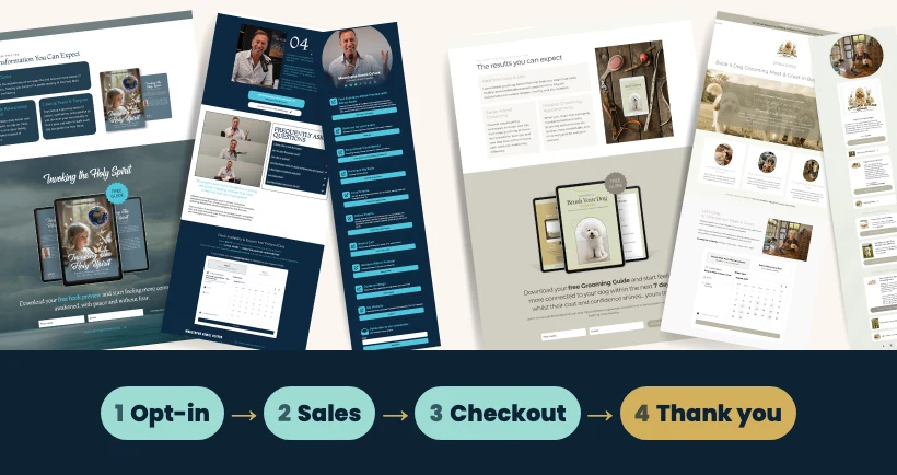 Friendly Funnels built by CreateFlow: lead capture, booking and socials link pages, with the opt-in to thank-you steps